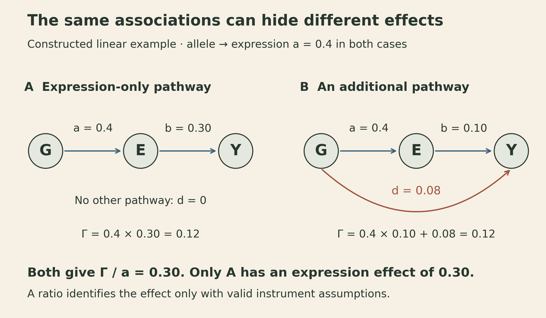 Two constructed linear mechanisms share a genotype-to-expression coefficient of 0.4 and a genotype-to-outcome association of 0.12. With no other pathway, the expression effect is 0.30. With a direct genotype pathway of 0.08, the expression effect can instead be 0.10. In both cases the ratio is 0.30, so the ratio alone does not identify the expression effect.