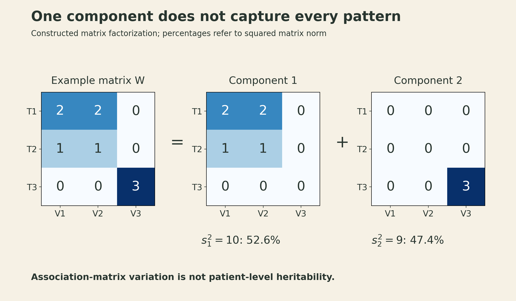 A constructed three-trait by three-variant matrix splits into two rank-one components. The first captures the shared pattern of traits one and two and variants one and two, with squared magnitude 10. The second captures trait three and variant three, with squared magnitude 9. Their shares are 52.6 and 47.4 percent of the matrix's squared norm, not patient-level heritability.