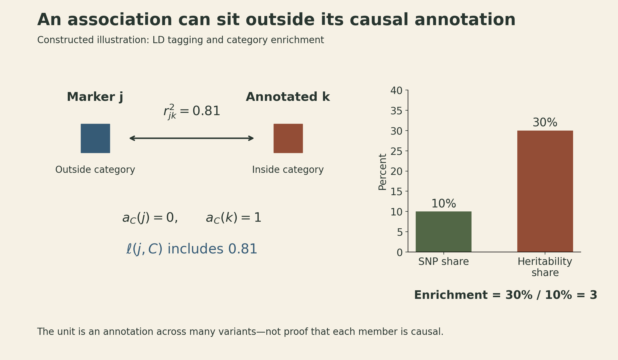 An unannotated marker tags an annotated variant with squared correlation 0.81. Its annotation LD score includes that 0.81 even though its own annotation indicator is zero. The second panel contrasts 10 percent of SNPs with 30 percent of modeled SNP heritability, giving threefold enrichment. This is a constructed example.